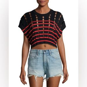 T BY ALEXANDER WANG Short-Sleeve Striped Slit Crewneck Pullover Sweater, Blue/Re